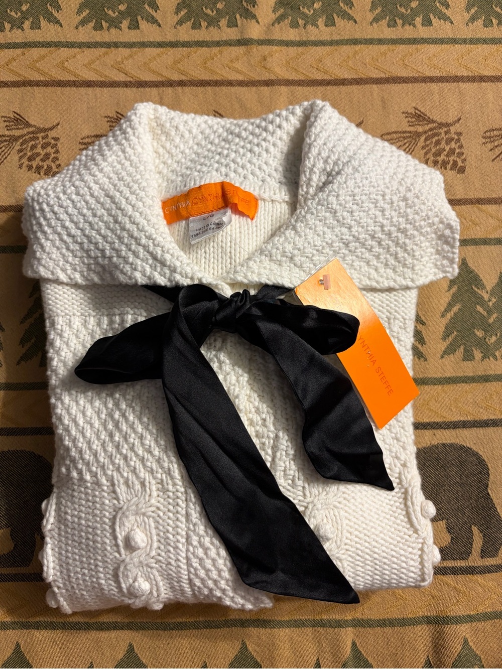 Cynthia Steffe Cream Knit Cardigan with Black Silk Bow
